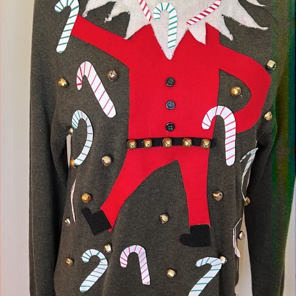 GOODFELLOW Ugly Christmas sweater ELF, candy canes & Bells Sz S - Picture 6 of 10